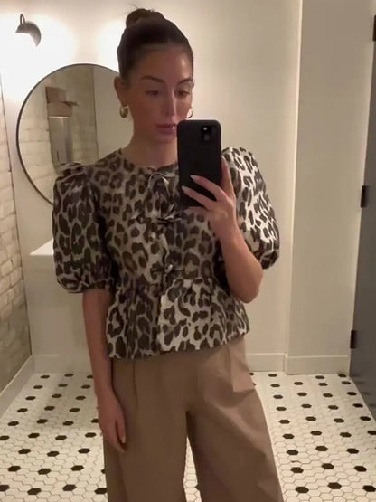 Fashion Leopard Hollow Out Thin Shirts For Women Causal Loose O Neck Short Sleeved Tops 2024 Spring Summer Ladies Streetwear Top