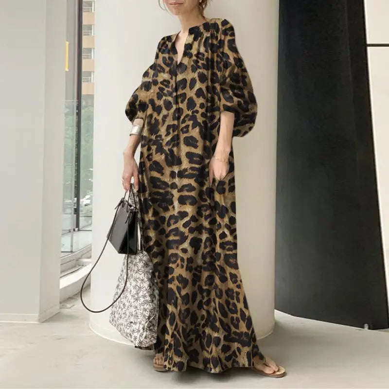 Fashion Printed Maxi Dress Women'S Leopard Sundress 2023 Zanzea Spring Puff Sleeve Long Vestidos Female V Neck Robe Oversize