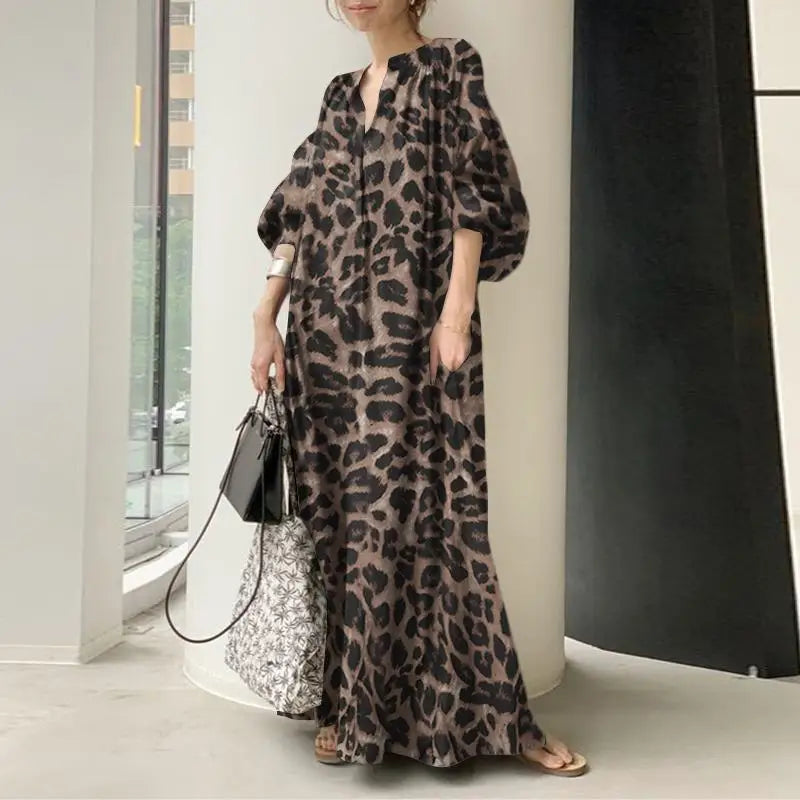 Fashion Printed Maxi Dress Women'S Leopard Sundress 2023 Zanzea Spring Puff Sleeve Long Vestidos Female V Neck Robe Oversize