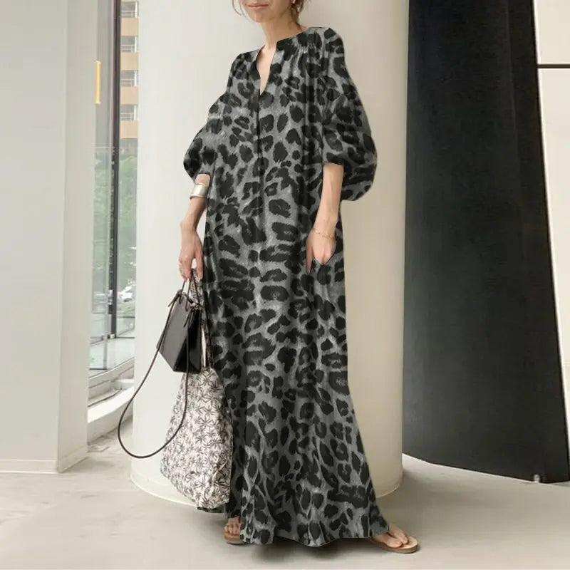 Fashion Printed Maxi Dress Women'S Leopard Sundress 2023 Zanzea Spring Puff Sleeve Long Vestidos Female V Neck Robe Oversize
