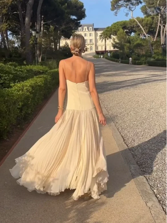 Fashion Solid Camisole Pleated Hem Women'S Dress Casual Sleeveless Backless A-Line Dresses 2024 Summer Lady Vacation Party Robe