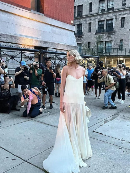 Fashion Solid Camisole Pleated Hem Women'S Dress Casual Sleeveless Backless A-Line Dresses 2024 Summer Lady Vacation Party Robe