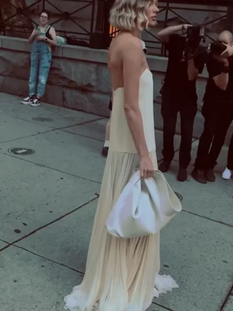 Fashion Solid Camisole Pleated Hem Women'S Dress Casual Sleeveless Backless A-Line Dresses 2024 Summer Lady Vacation Party Robe