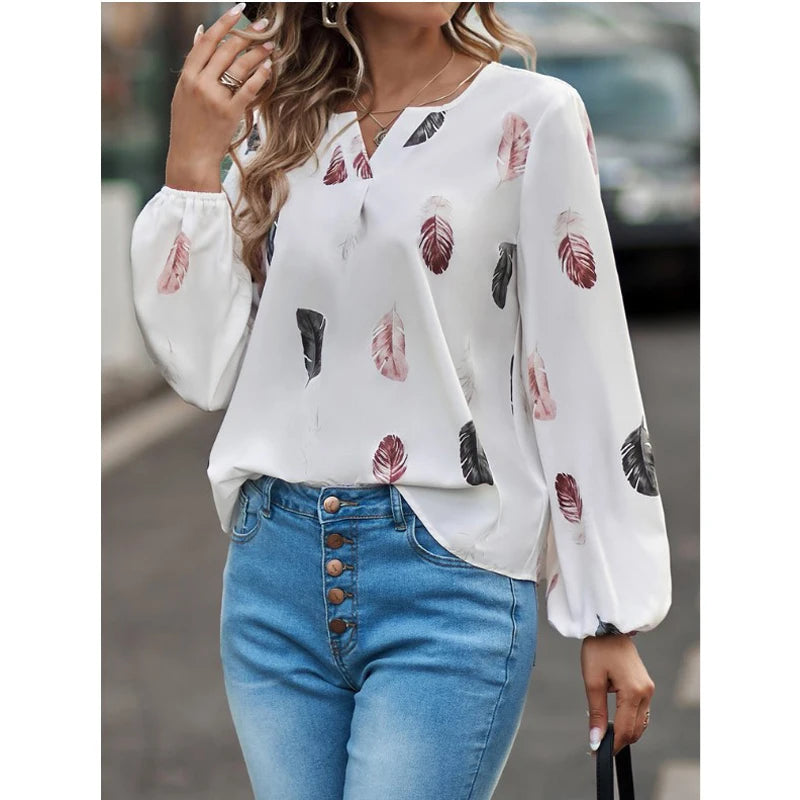Fashion Woman Blouse Shirts For Women Stylish Top Long Sleeve Feather Pattern Female Tops Elegant Chiffon Mujer Woman Clothes