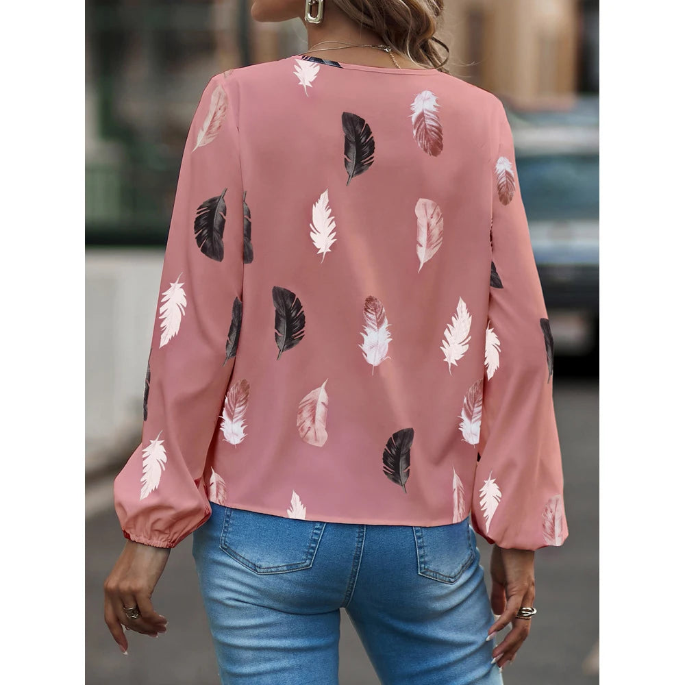 Fashion Woman Blouse Shirts For Women Stylish Top Long Sleeve Feather Pattern Female Tops Elegant Chiffon Mujer Woman Clothes