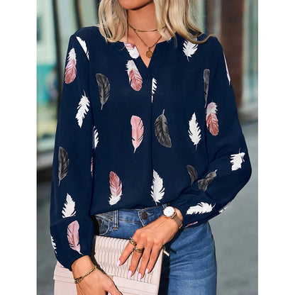 Fashion Woman Blouse Shirts For Women Stylish Top Long Sleeve Feather Pattern Female Tops Elegant Chiffon Mujer Woman Clothes