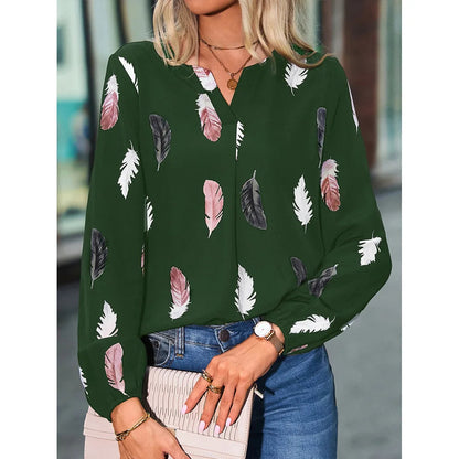 Fashion Woman Blouse Shirts For Women Stylish Top Long Sleeve Feather Pattern Female Tops Elegant Chiffon Mujer Woman Clothes