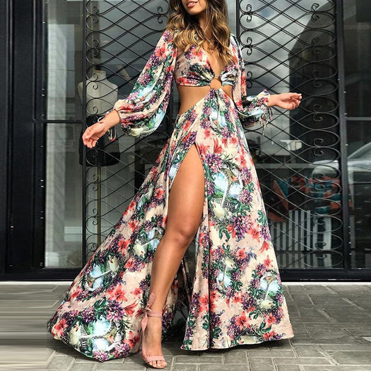 Fashion Women Maxi Dress Boho Style Long Sleeve Sundress Autumn Casual Floral Print Camouflag Skull Print Party Dress Vestidos