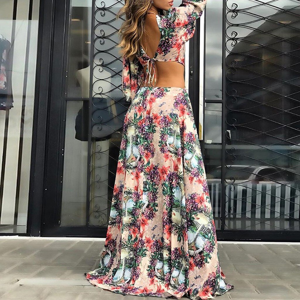 Fashion Women Maxi Dress Boho Style Long Sleeve Sundress Autumn Casual Floral Print Camouflag Skull Print Party Dress Vestidos