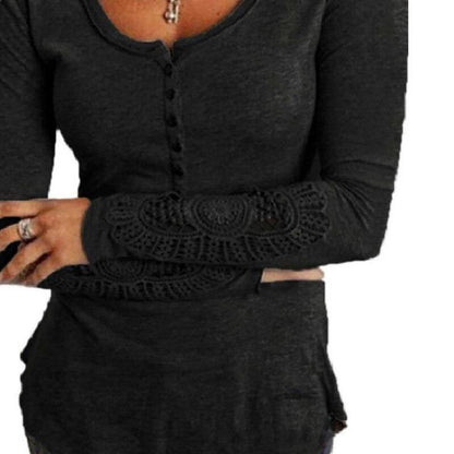 Fashion Women Spring Long Sleeve Button Tshirts Plus Size Sexy V-Neck Hollow Out Lace T-Shirt Loose Casual Pullovers Tops