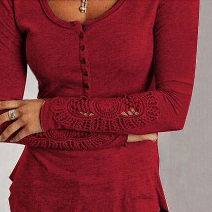 Fashion Women Spring Long Sleeve Button Tshirts Plus Size Sexy V-Neck Hollow Out Lace T-Shirt Loose Casual Pullovers Tops