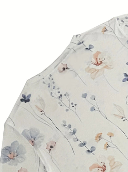 Floral Print Crew Neck T-Shirt, Casual Long Sleeve Top For Spring & Fall, Women'S Clothing