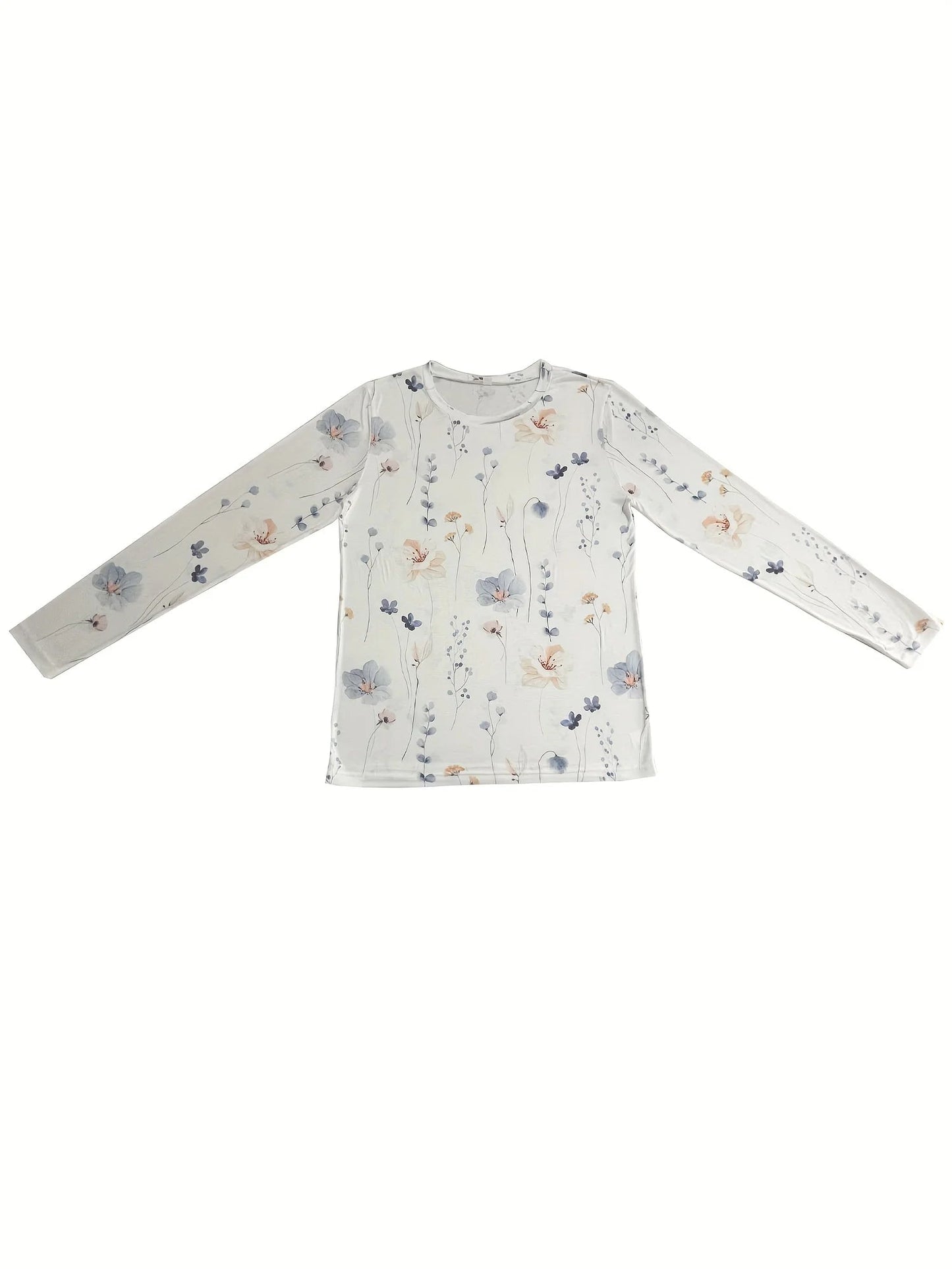 Floral Print Crew Neck T-Shirt, Casual Long Sleeve Top For Spring & Fall, Women'S Clothing