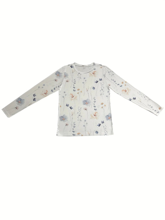 Floral Print Crew Neck T-Shirt, Casual Long Sleeve Top For Spring & Fall, Women'S Clothing
