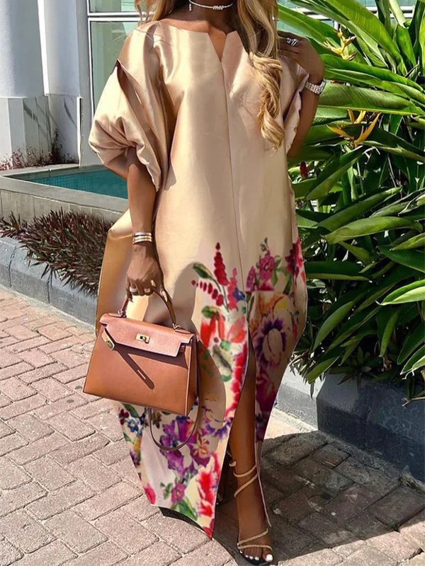 Freeacy Women'S Elegant Floral Printed Maxi Dress Boat Neck Puff Sleeves H-Line Splited Evening Dresses Floor Length Party Dress