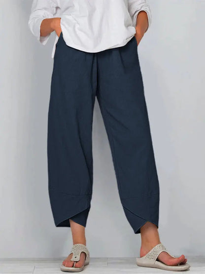 Vintage Print Women Pants Fashion Irregular Casual High Waist Elastic Waist Straight Loose Trousers Summer Lady Cargo Pantalon