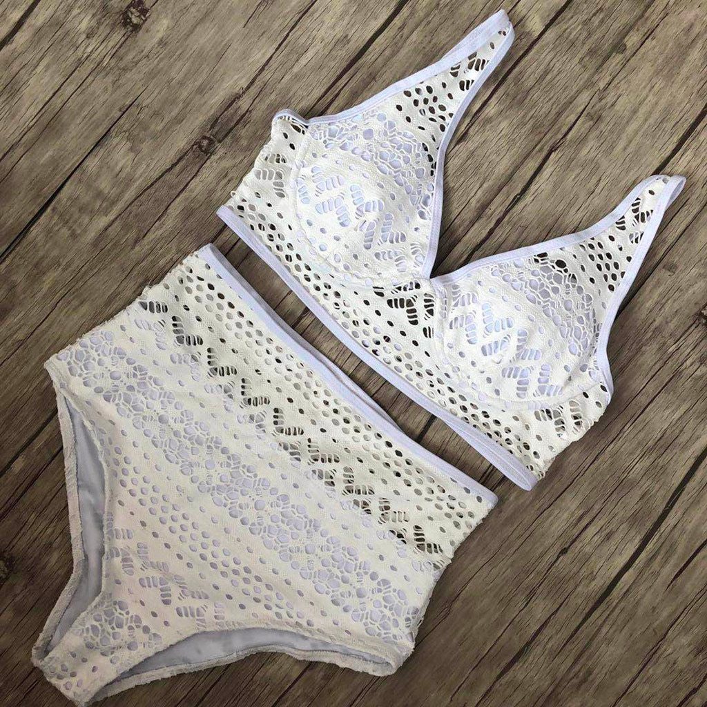 Women'S Two Pieces Crochet Lace High Waist V Neck Bikini Set
