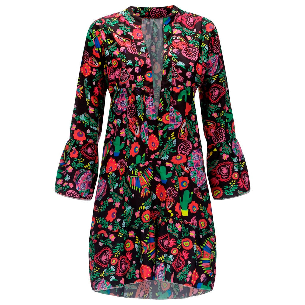 Women'S Dresses Plus Size Loose Print Long Sleeve V-Collar Button Mini Dress