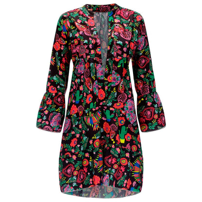 Women'S Dresses Plus Size Loose Print Long Sleeve V-Collar Button Mini Dress