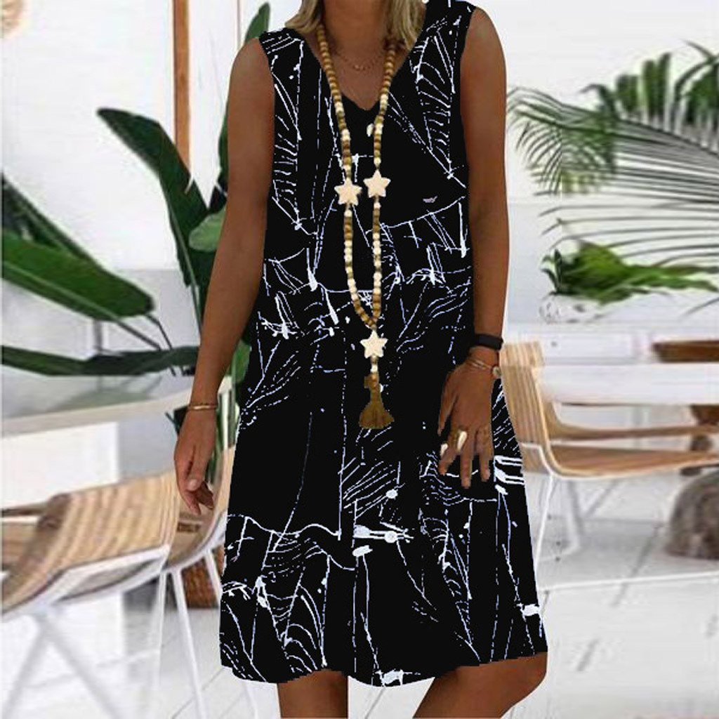 Women'S Dresses Sleeveless V-Neck Boho Print Midi Dress