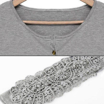 Fashion Women Spring Long Sleeve Button Tshirts Plus Size Sexy V-Neck Hollow Out Lace T-Shirt Loose Casual Pullovers Tops