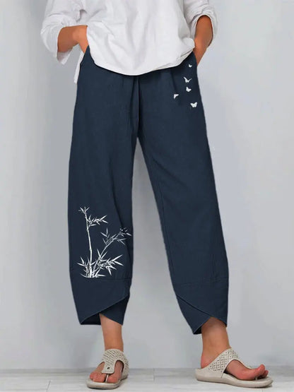 Vintage Print Women Pants Fashion Irregular Casual High Waist Elastic Waist Straight Loose Trousers Summer Lady Cargo Pantalon