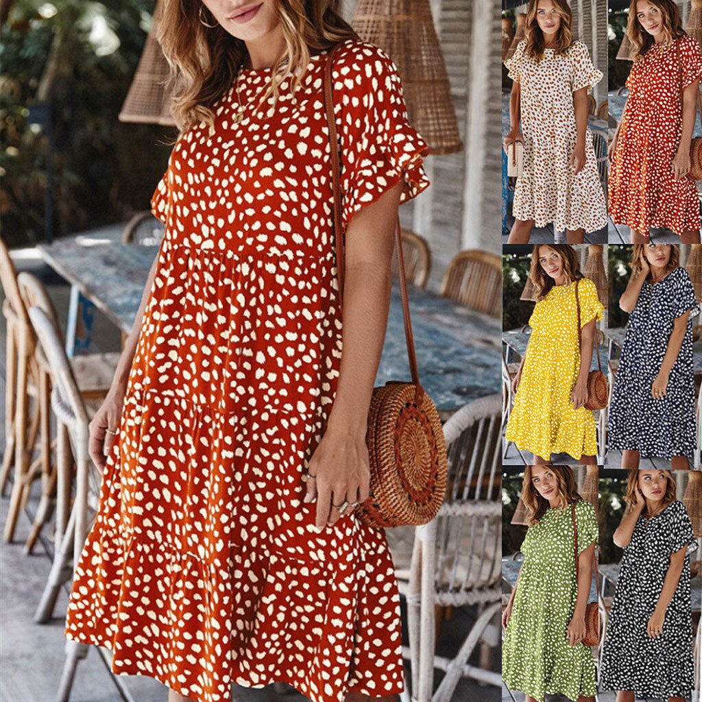 Women Loose O-Neck Short Sleeve Dots Print Mini Dresses