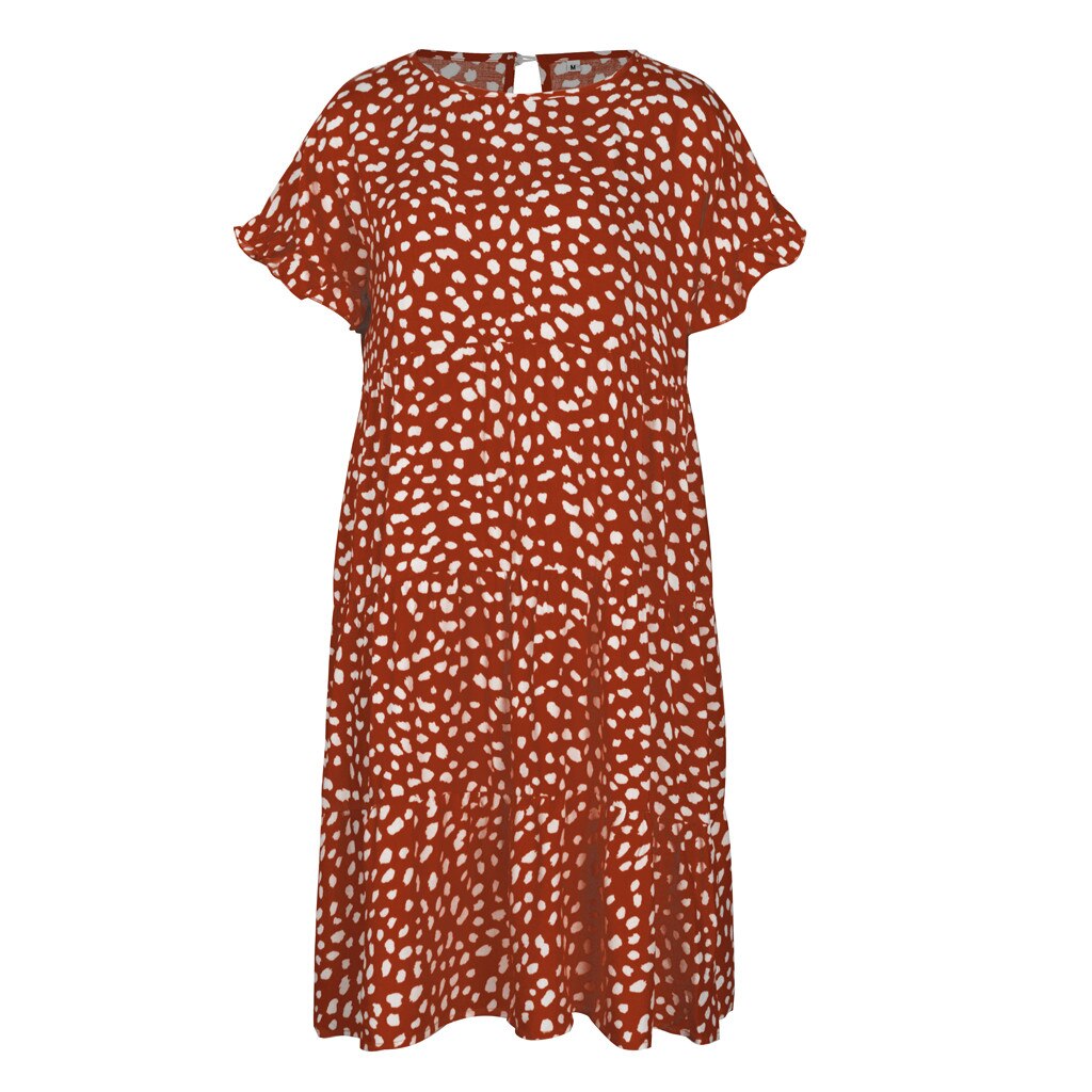 Women Loose O-Neck Short Sleeve Dots Print Mini Dresses
