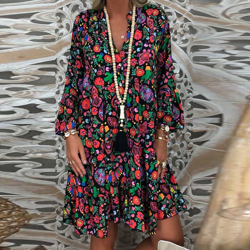 Women'S Dresses Plus Size Loose Print Long Sleeve V-Collar Button Mini Dress