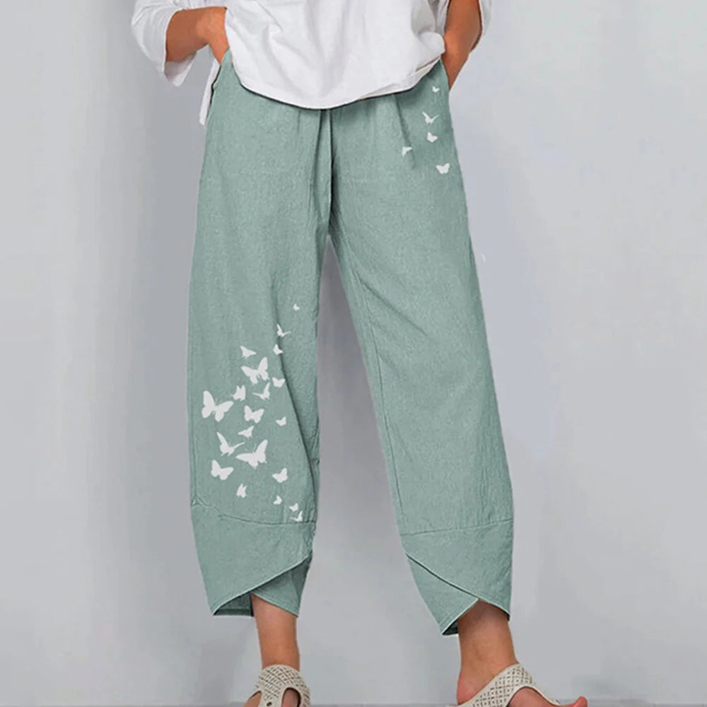 Vintage Print Women Pants Fashion Irregular Casual High Waist Elastic Waist Straight Loose Trousers Summer Lady Cargo Pantalon