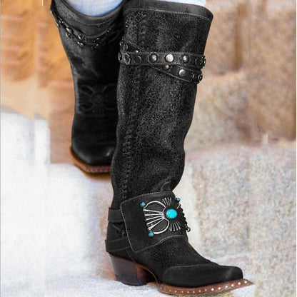 Women Knee High Heels Ethic Shoes Vintage Pu Leather High Boots