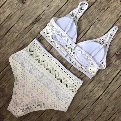 Women'S Two Pieces Crochet Lace High Waist V Neck Bikini Set