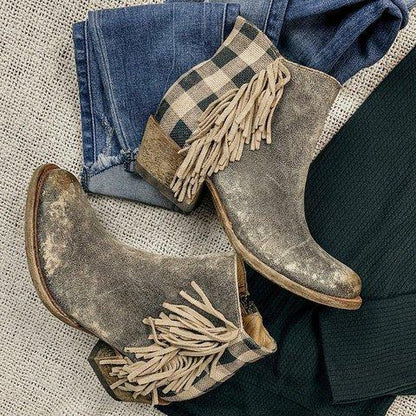 Women Ankle Boots Chunky Mid Heels Pumps Matin Vintage Pu Tassel Shoes