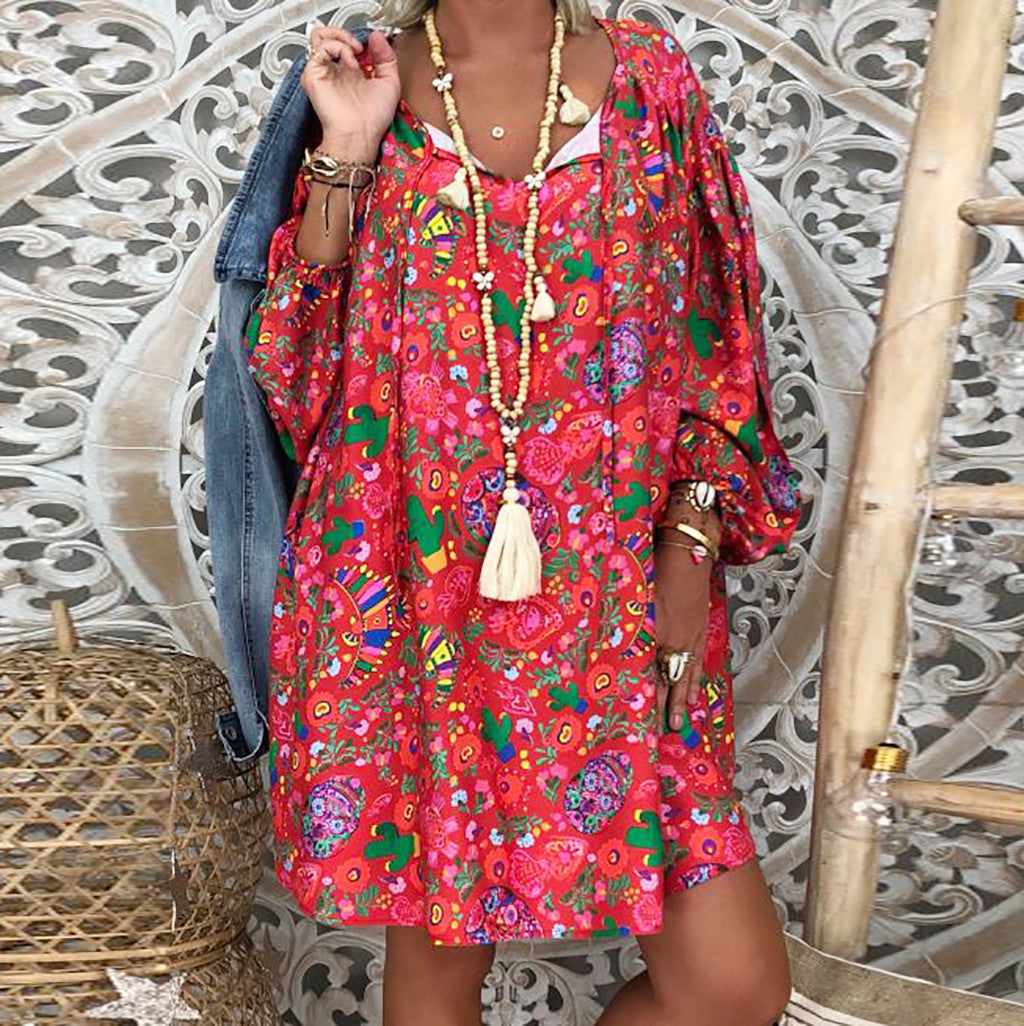 Women'S Summer Boho Vintage Floral Print Deep V Neck Beach Mini Dresses