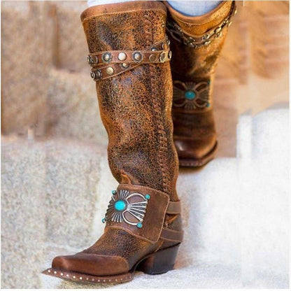 Women Knee High Heels Ethic Shoes Vintage Pu Leather High Boots