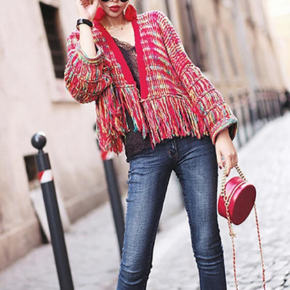 Cardigan Feminino Real Wool Women Sweaters And Poncho  New Women'S Loose Cardigan Knit Hand-Knitted Rainbow Tassels Woman