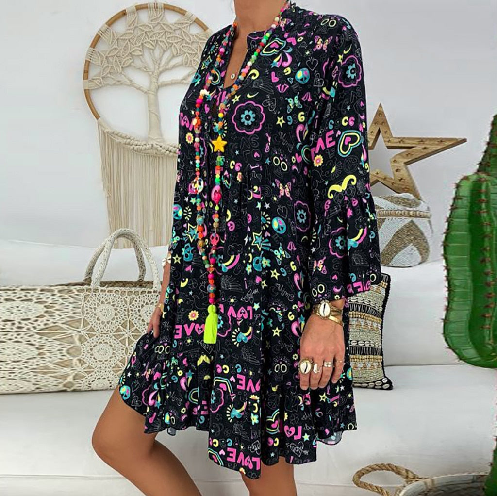Women'S Dresses Plus Size Loose Print Long Sleeve V-Collar Button Mini Dress