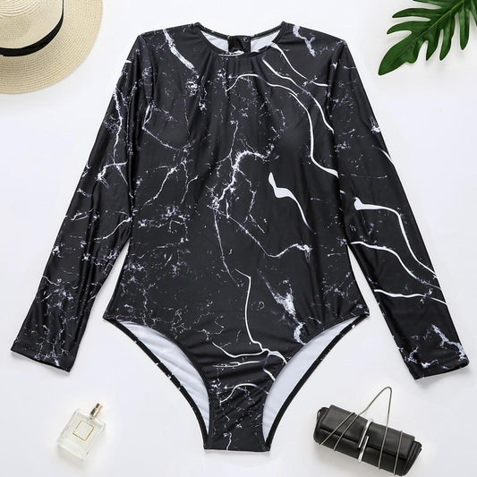 Print Floral One Piece Swimsuit Long Sleeve Swimwear Bathing Suit Retro Swimsuit Vintage One-Piece Surfing Swimsuits