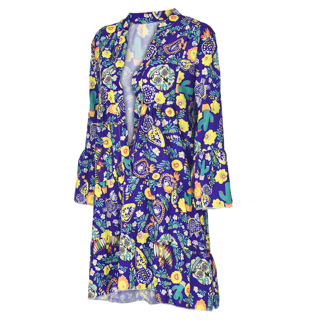 Women'S Dresses Plus Size Loose Print Long Sleeve V-Collar Button Mini Dress