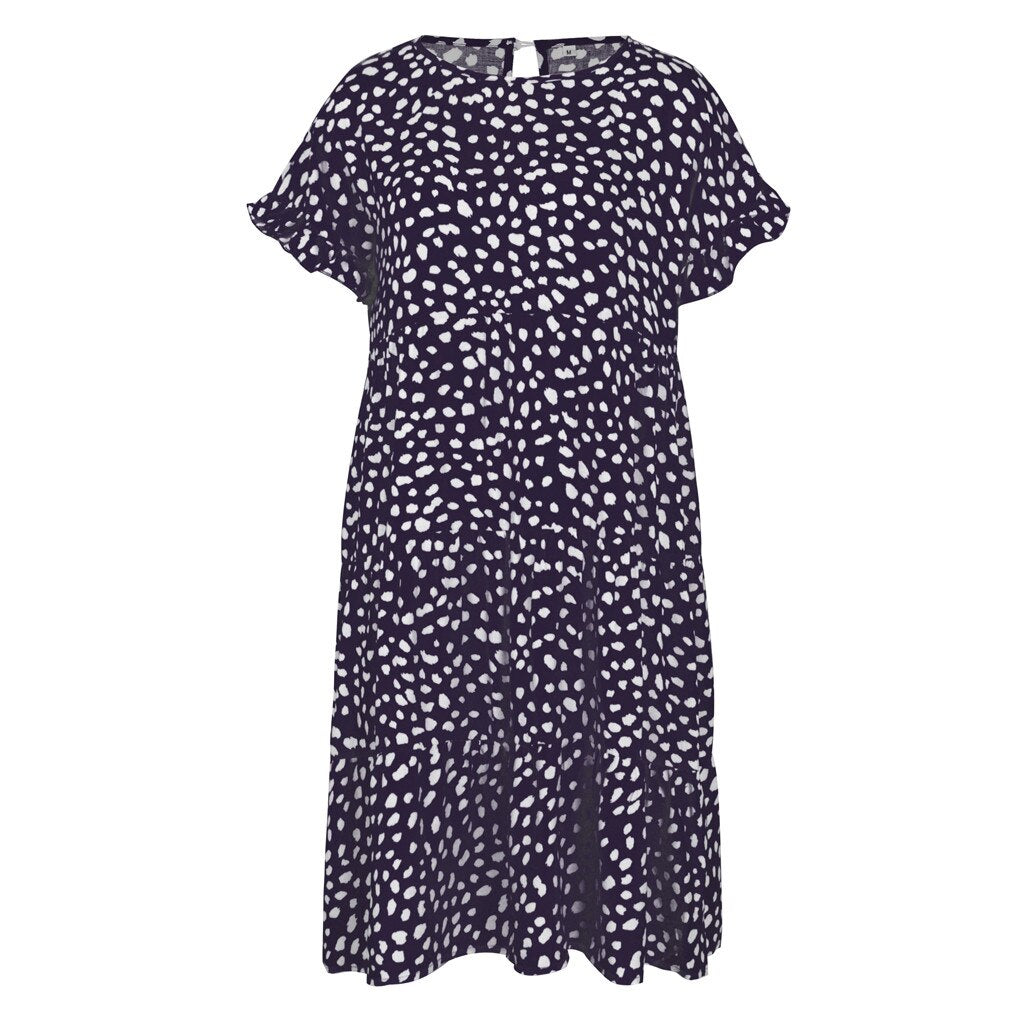 Women Loose O-Neck Short Sleeve Dots Print Mini Dresses