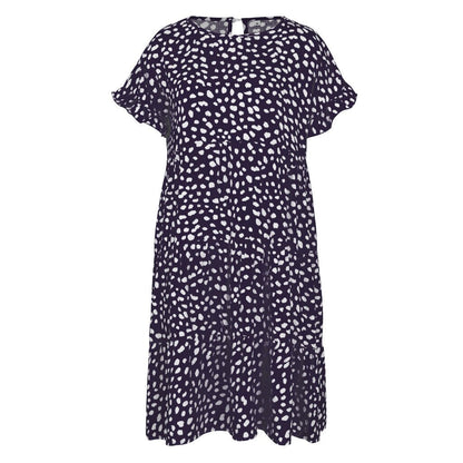 Women Loose O-Neck Short Sleeve Dots Print Mini Dresses