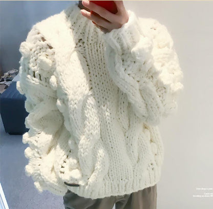 Women'S Sweaters Hollow Out Loose Knitted Lantern Sleeve O-Neck Solid   Female Autumn Warm Ladies Pullovers