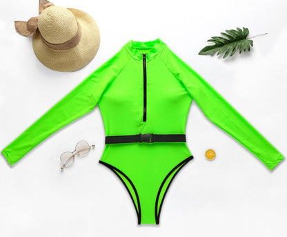 Long Sleeve Rash Guard Women Solid One Piece Swimsuit Fluorescent Green Swimwear Zipper Surfing Suit Belt Bath Suit Uv Protect