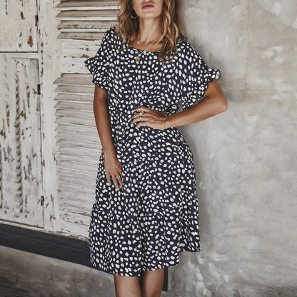 Women Loose O-Neck Short Sleeve Dots Print Mini Dresses