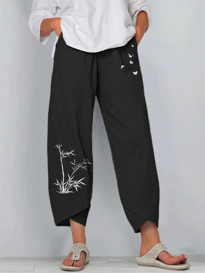 Vintage Print Women Pants Fashion Irregular Casual High Waist Elastic Waist Straight Loose Trousers Summer Lady Cargo Pantalon