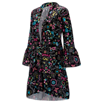 Women'S Dresses Plus Size Loose Print Long Sleeve V-Collar Button Mini Dress