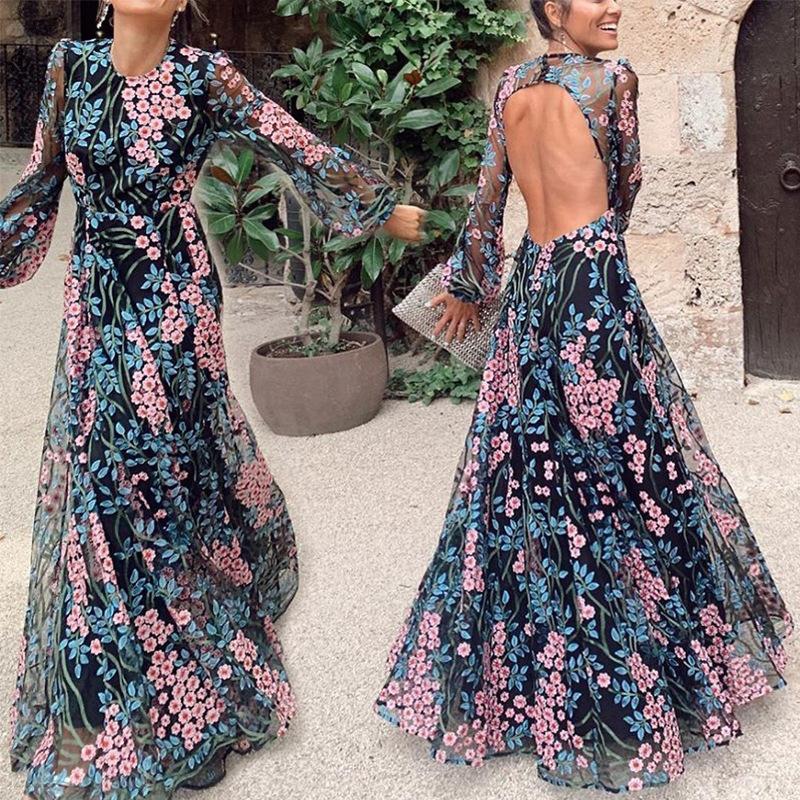 Women Floral Vintage Long Sleeve Backless Long Maxi Dress