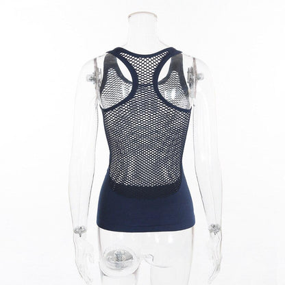 New Women Blue Mesh Sports Running T-Shirts Yoga Tanks Comfortable Loose Style Quick Dry Vest