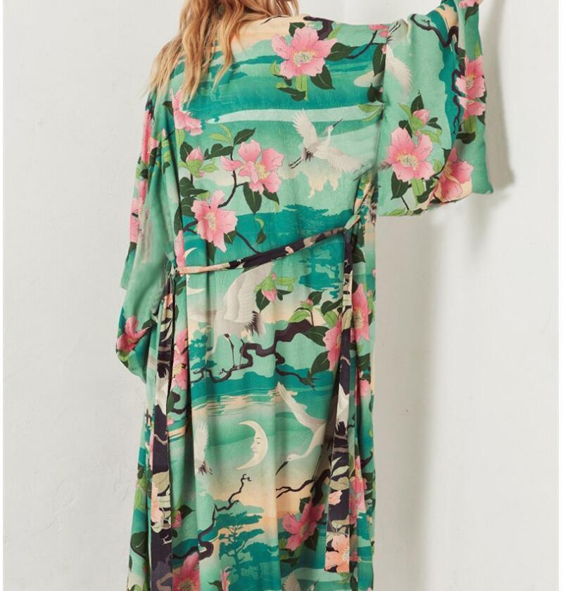 Women Long Wrap Belt Ties Front Beach Floral Kimono Swimwear Cover Ups