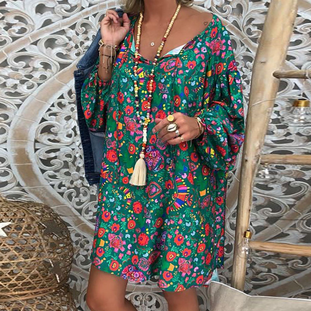 Women'S Summer Boho Vintage Floral Print Deep V Neck Beach Mini Dresses